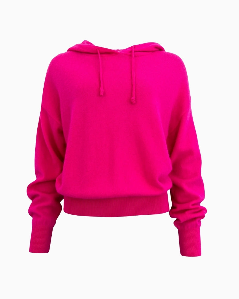 Front view of TWNS Pueblo knit hoodie in neon pink