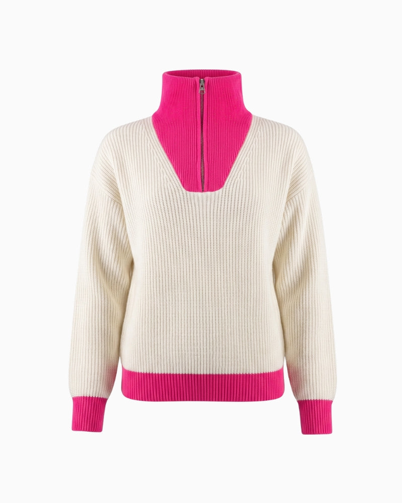 Twns The Label Breckenridge 1/4 Zip Jumper in White/Pink front view