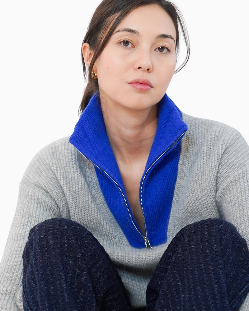 Twns The Label Breckenridge Jumper in Grey/Blue quarter zip detail