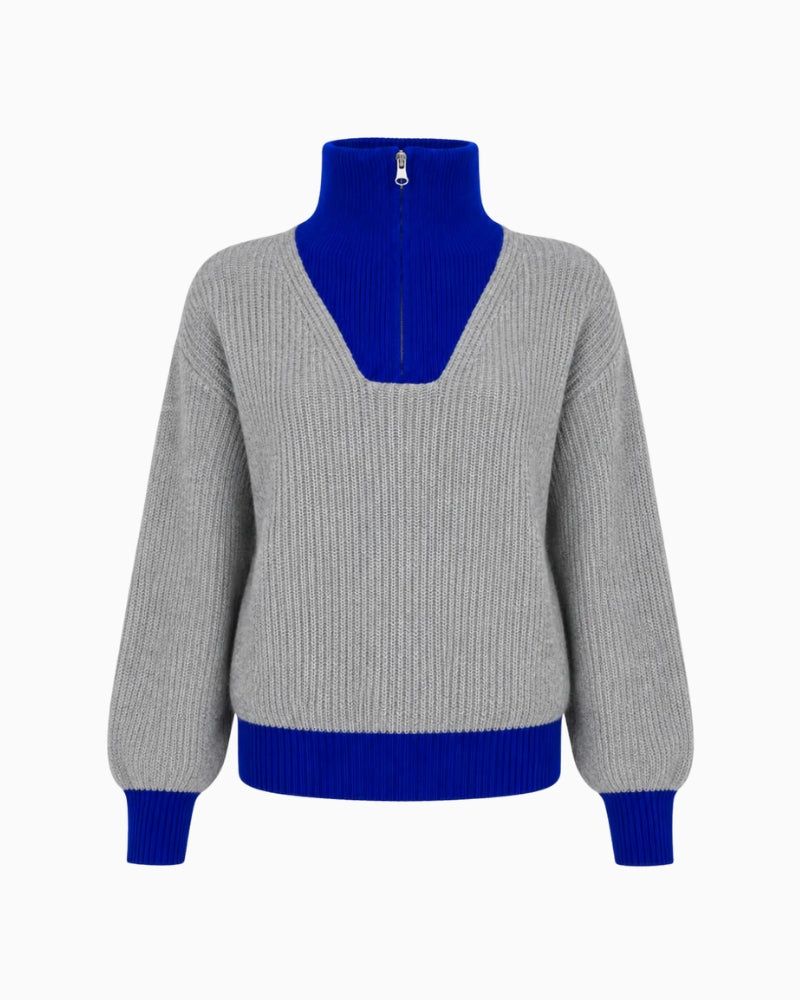 Twns The Label Breckenridge Jumper in Grey/Blue trucker neckline detail