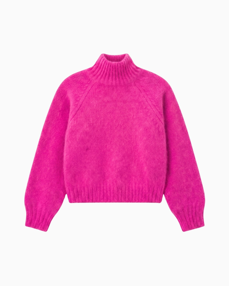 Twns The Label Hina Mock Neck Jumper in Neon Pink knit texture detail