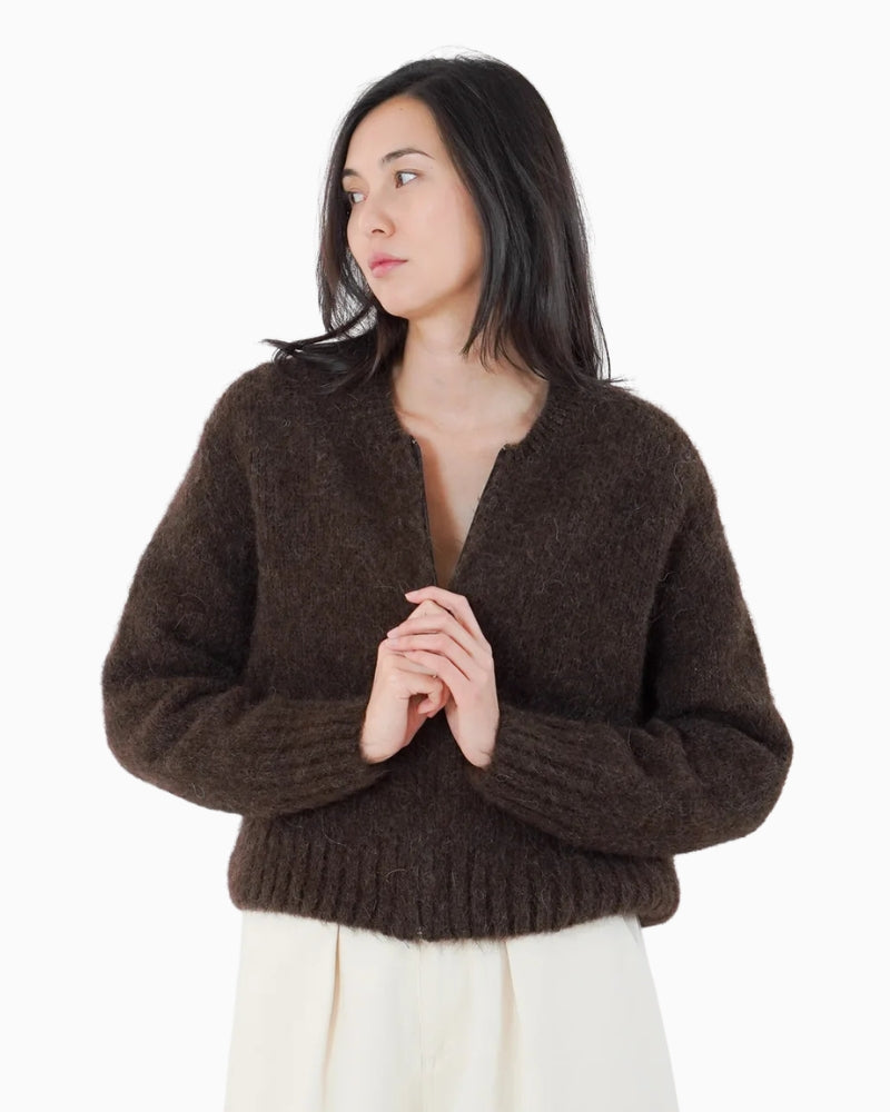 Twns The Label Maevane Zip Up Cardigan in Brown front view