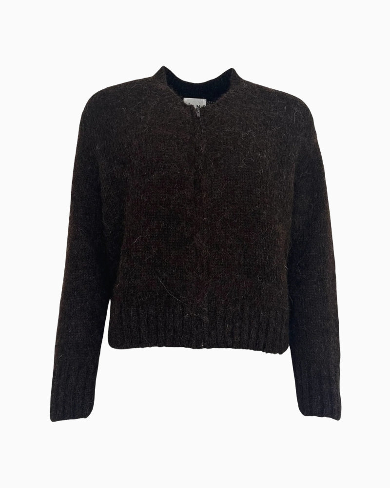 Twns The Label Maevane Zip Up Cardigan in Brown ribbed hem detail