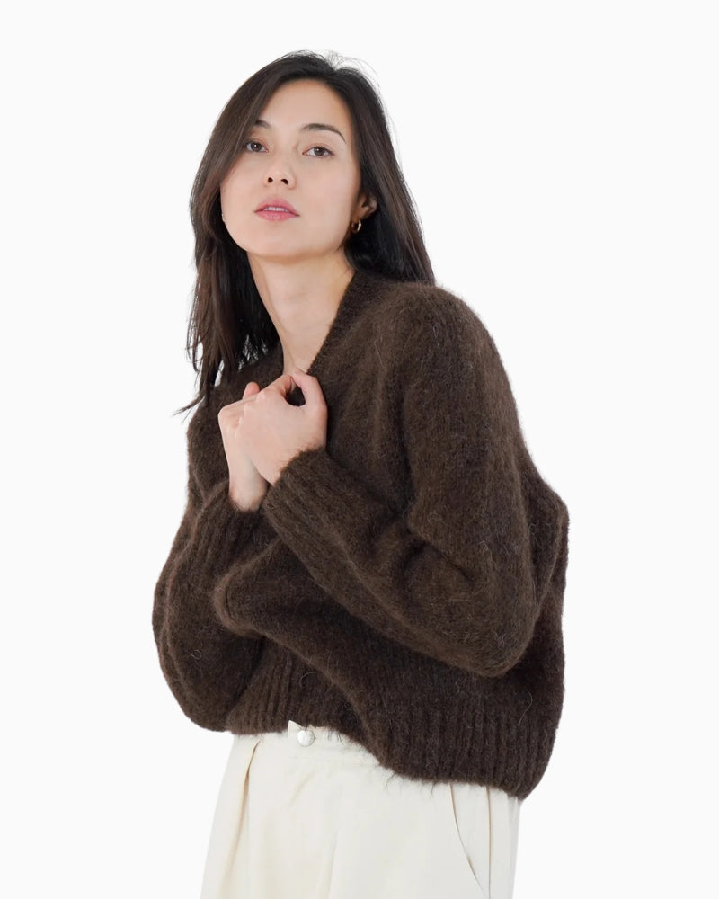 Twns The Label Maevane Zip Up Cardigan in Brown side view