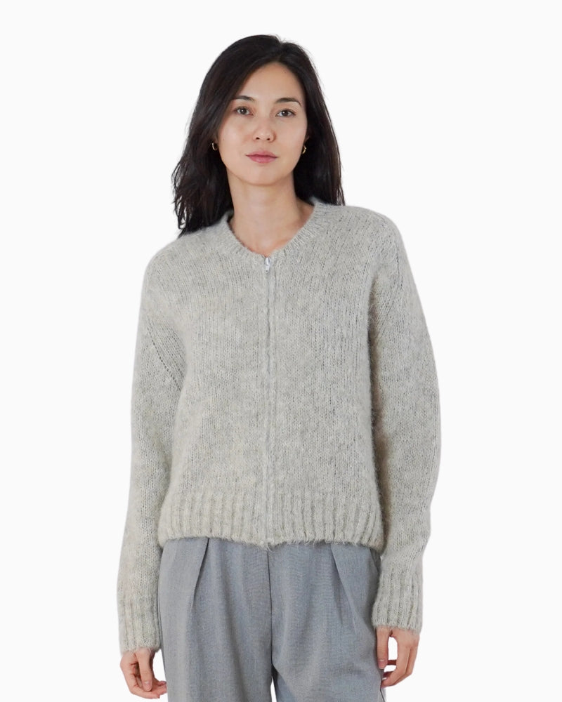 Twns The Label Maevane Zip Up Cardigan in Light Grey front view