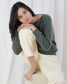 Twns The Label Sanibel Boat Neck Jumper in Khaki boat neckline styled view
