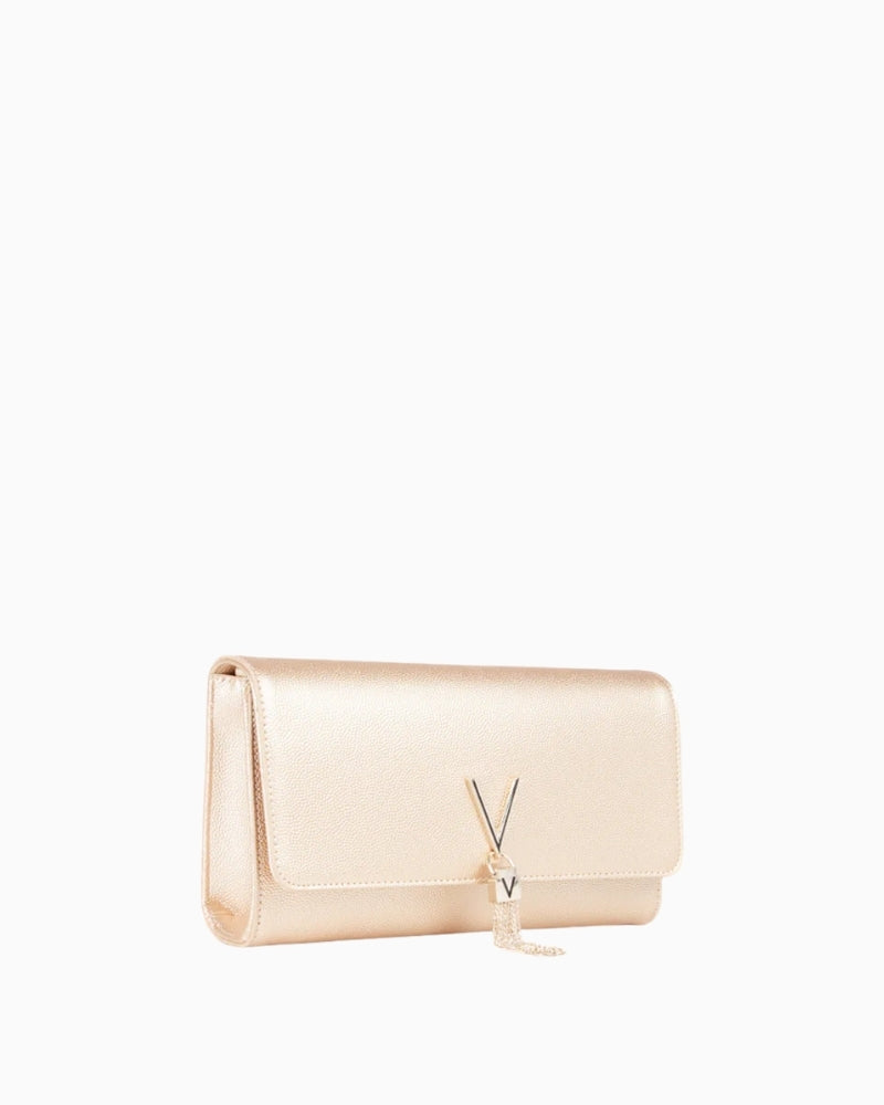 Valentino Bags Divina gold clutch slim rectangular shape side view – Áines Boutique