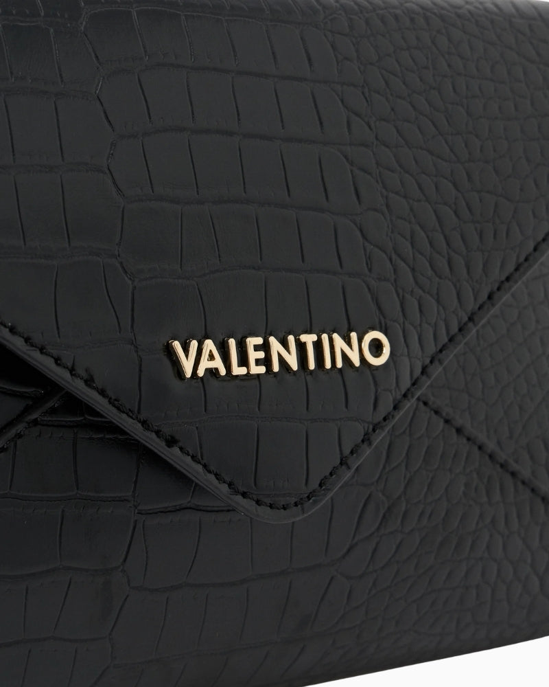Valentino Emera Black Clutch flap and logo detail – Áines Boutique