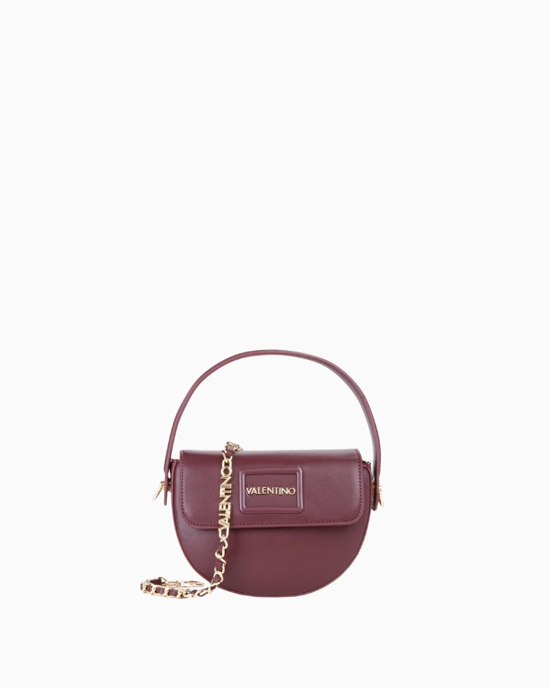 Front view of Miriade Wannabe Re Pattina bag with gold logo and structured flap