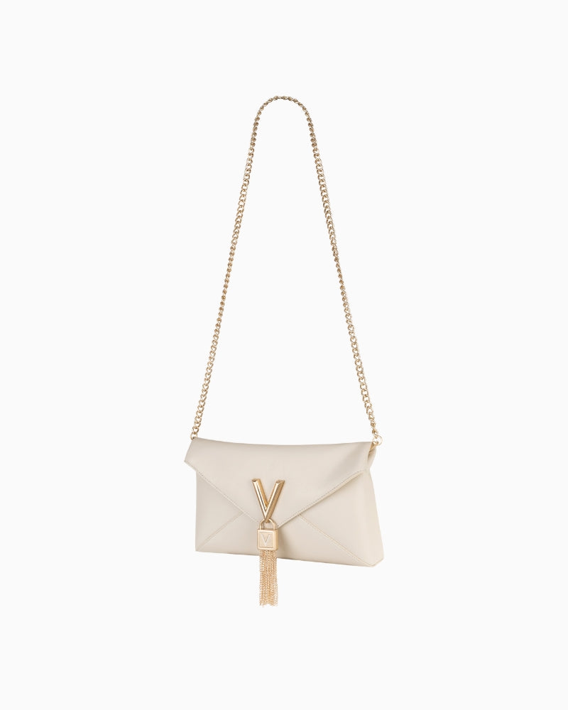 Front view of ecru Valentino Stella clutch bag with gold V detail and envelope flap