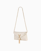 Front view of ecru Valentino Stella clutch bag with gold V detail and envelope flap