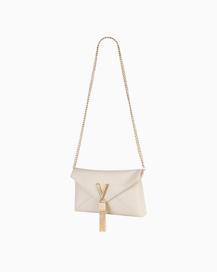 Front view of ecru Valentino Stella clutch bag with gold V detail and envelope flap