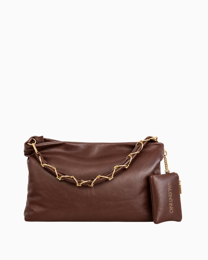 Valentino Iselyn Hobo Bag in brown back view showing chain strap and detachable pouch
