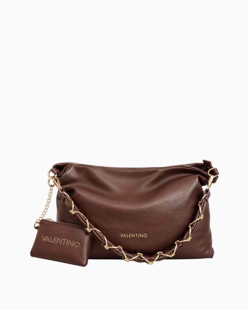 Valentino Iselyn Hobo Bag in brown front view with gold-tone chain strap and matching pouch