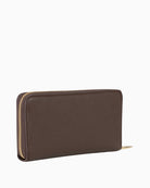 Valentino Maury Wallet in Brown angled back view showing textured finish and gold-tone zip
