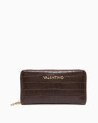Valentino Opaline ZA Wallet in brown, front view showing croc-effect texture and gold-tone Valentino logo.
