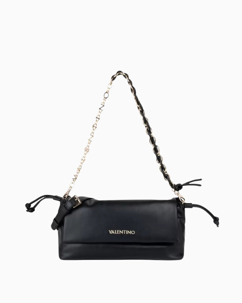 Valentino Robby Flap Bag in black front view with gold-tone logo and chain shoulder strap