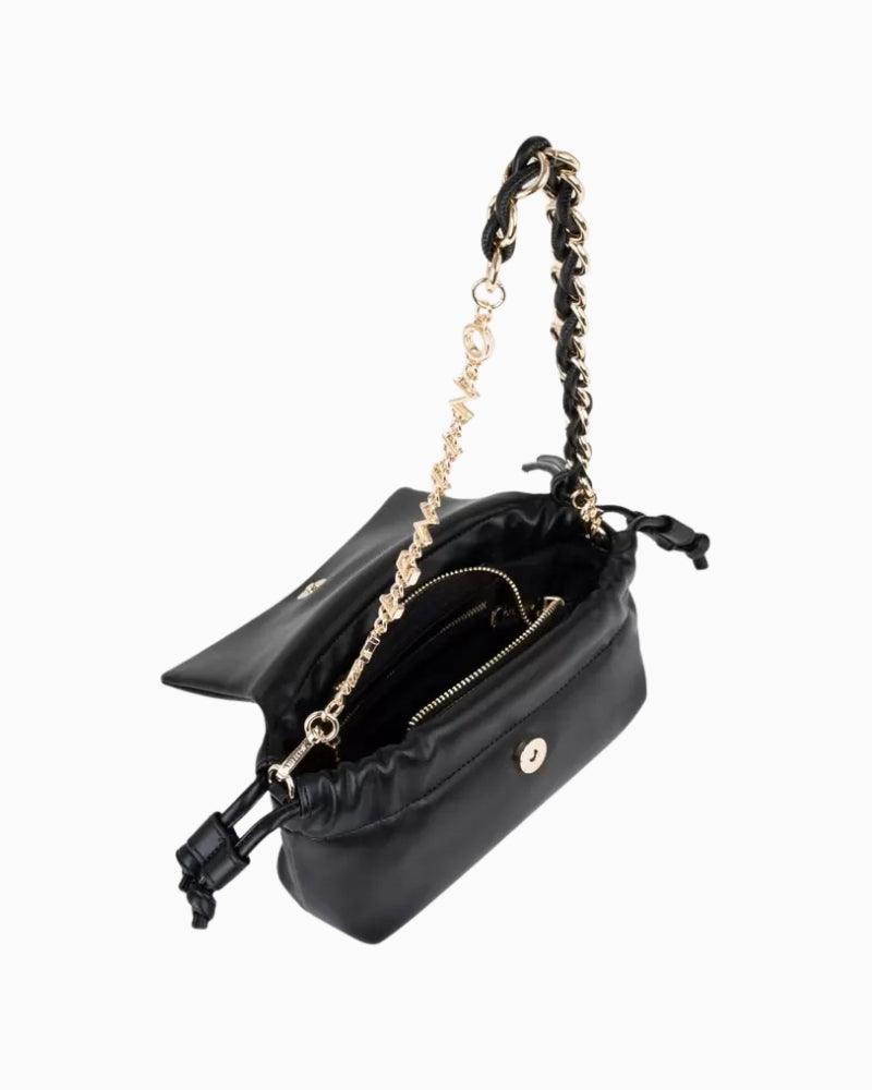 Valentino Robby Flap Bag in black open view showing lined interior and zipped compartment