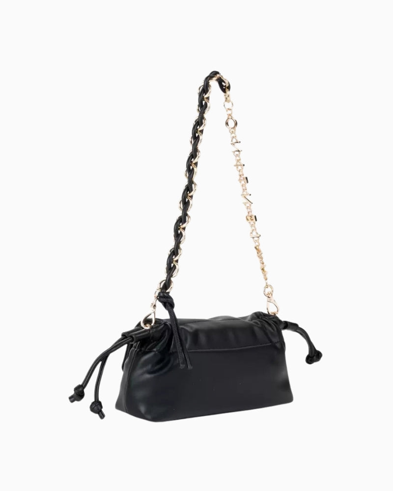 Valentino Robby Flap Bag in black rear view with chain and woven shoulder strap
