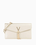 Valentino gold shoulder bag front view with logo and pendant detail