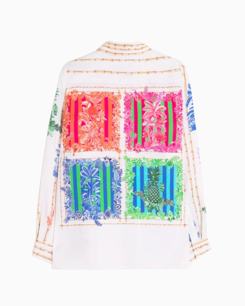 Vilagallo bamboo tropical print shirt back view white background – Áines Boutique