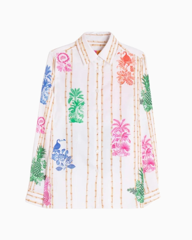 Vilagallo bamboo tropical print shirt front view white background – Áines Boutique