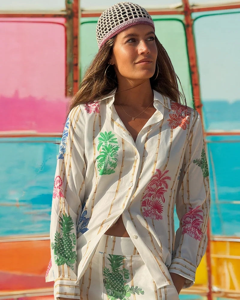 Woman wearing Vilagallo bamboo tropical print shirt – Áines Boutique