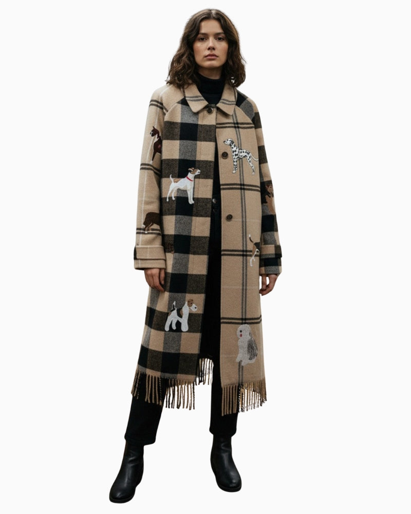 Vilagallo Berenice long checked coat in beige and black with embroidery