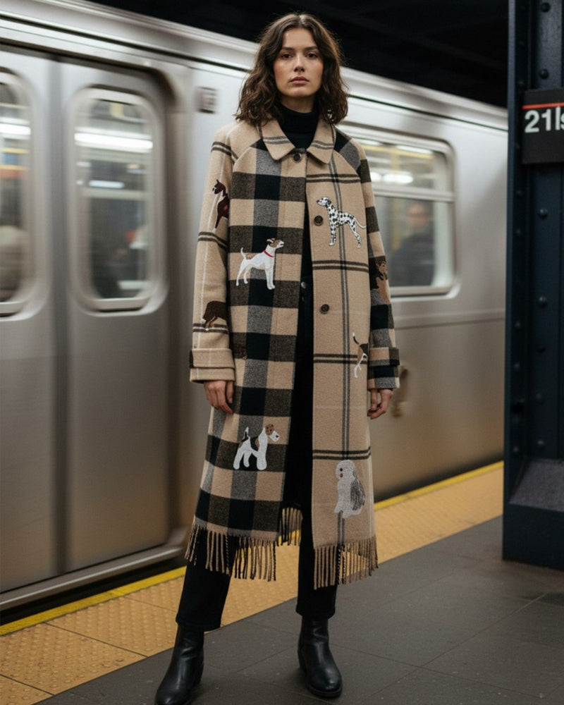 Front view of checked Vilagallo coat with embroidered dogs and fringed hem