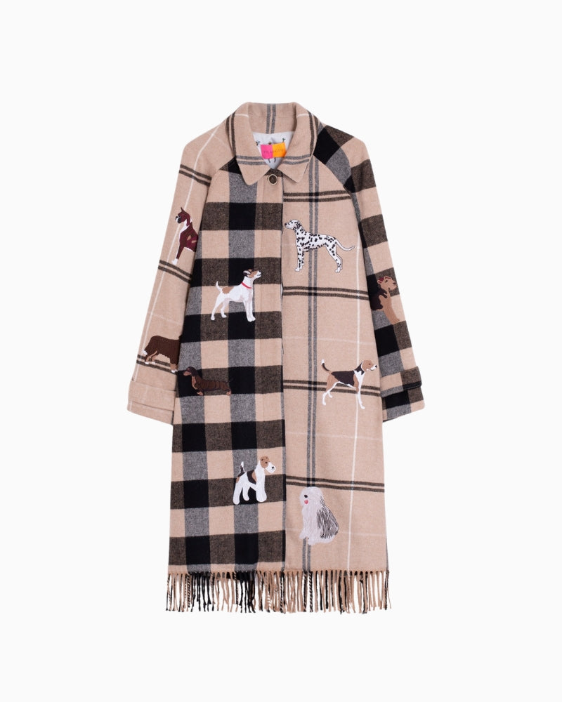 Vilagallo Berenice long checked coat in beige and black with embroidery