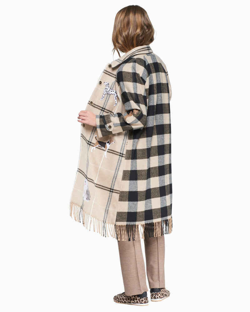 Back view of beige and black check coat with straight silhouette