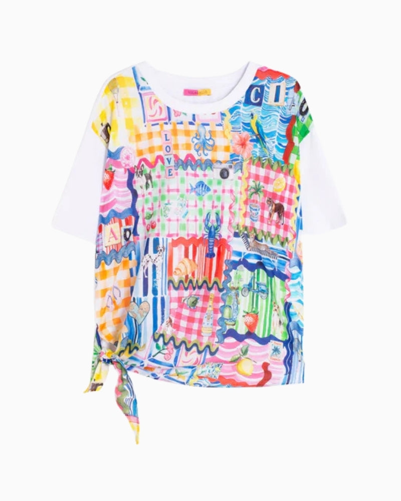Vilagallo Capri print T-shirt white multi front view – Áines Boutique