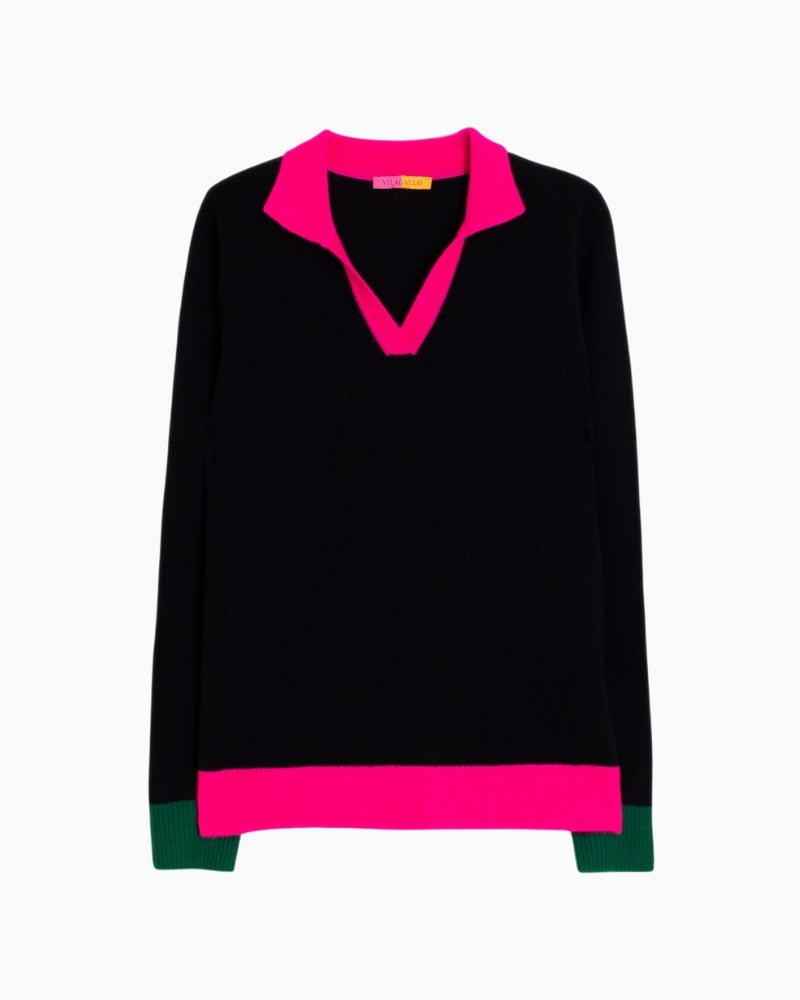 Vilagallo black wool jumper with fuchsia collar and green cuffs