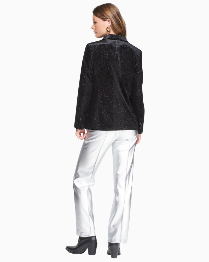 Back view of Vilagallo velvet blazer showing structured fit and soft sheen