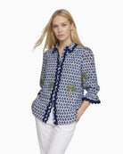 Vilagallo ikat palm print shirt blue and white front view – Áines Boutique