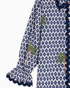 Vilagallo ikat palm print shirt blue and white close-up rickrack detail – Áines Boutique