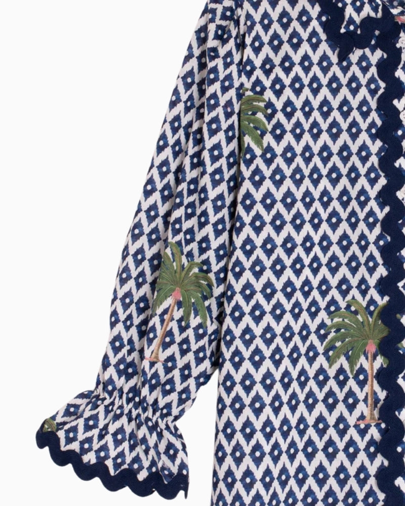 Vilagallo ikat palm print shirt blue and white close-up rickrack detail – Áines Boutique