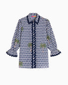 Vilagallo ikat palm print shirt blue and white front view white background – Áines Boutique