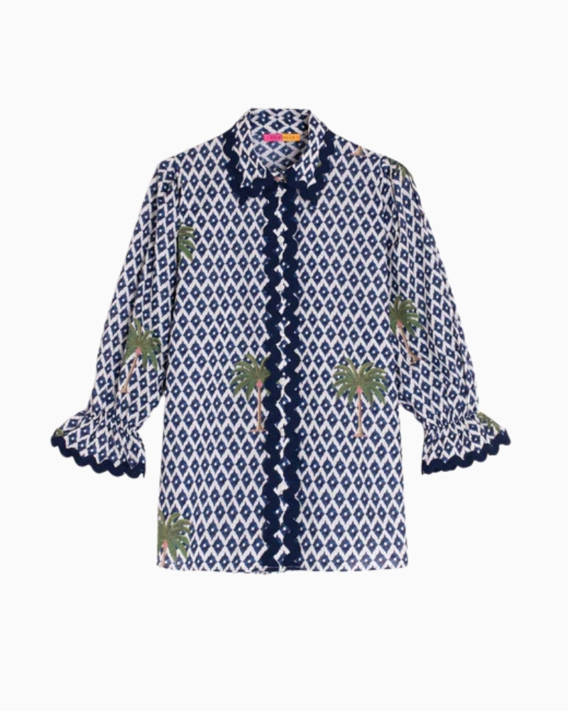 Vilagallo ikat palm print shirt blue and white front view white background – Áines Boutique