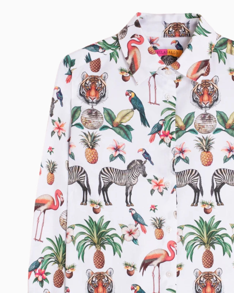 Vilagallo Jungle Disco print shirt detail view – Áines Boutique