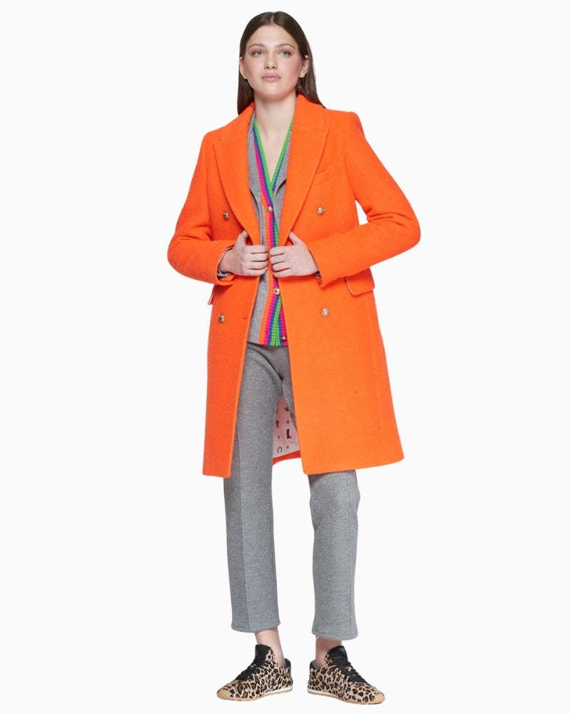 Vilagallo long orange wool blend coat with gold buttons and lapel collar