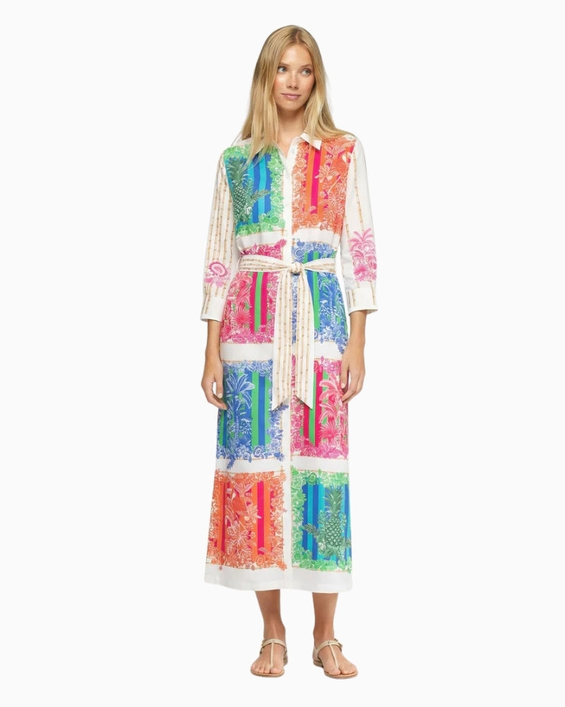 Vilagallo multicolour bamboo print shirt dress front view – Áines Boutique