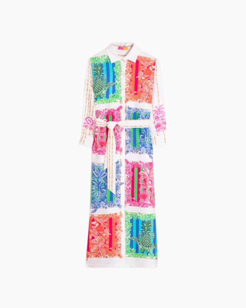Vilagallo multicolour bamboo print shirt dress front view white background – Áines Boutique