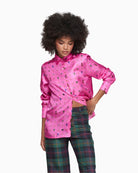 Pink silk shirt by Vilagallo with multicoloured equestrian print and classic collar