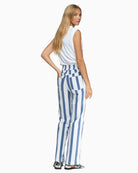 Woman wearing Vilagallo striped trousers blue and white back view – Áines Boutique