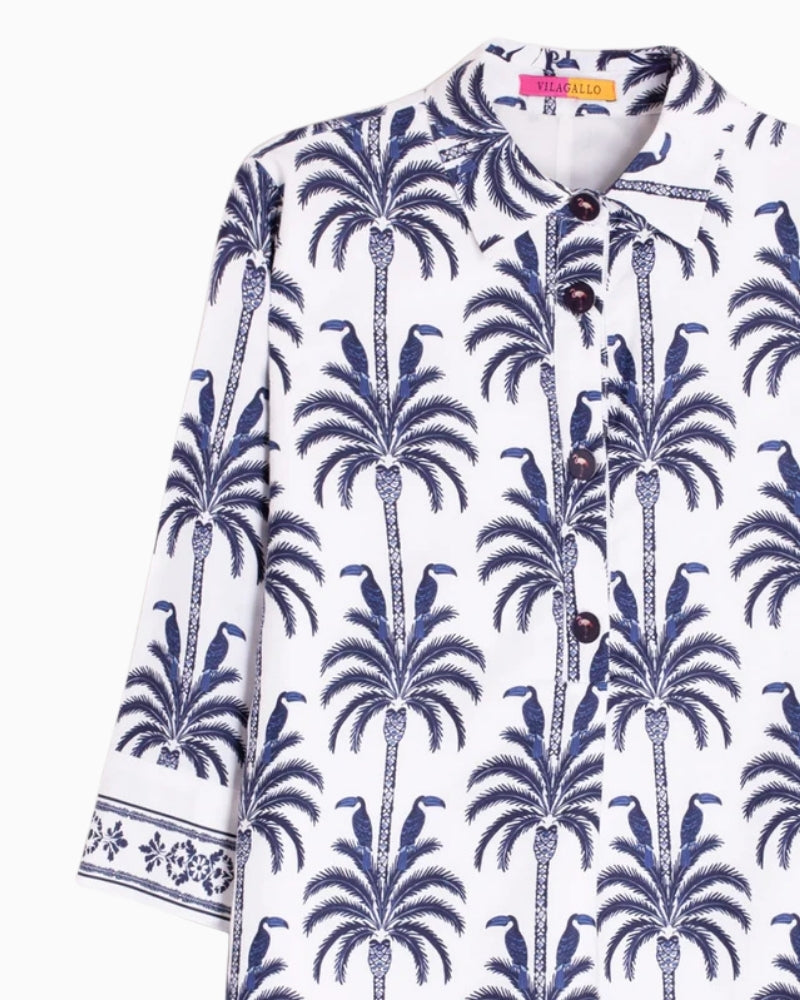 Vilagallo toucan palm print dress blue and white close-up detail – Áines Boutique