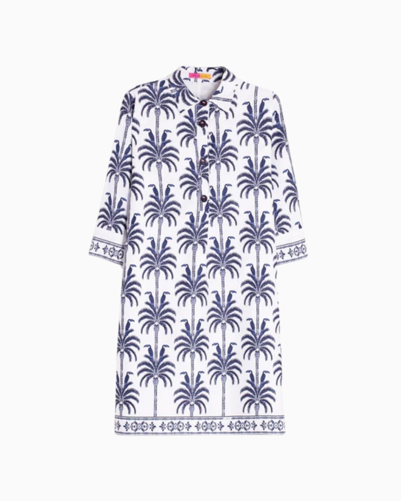 Vilagallo toucan palm print dress blue and white front view white background – Áines Boutique