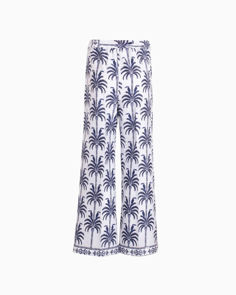 Vilagallo toucan palm print trousers white and navy back view white background – Áines Boutique