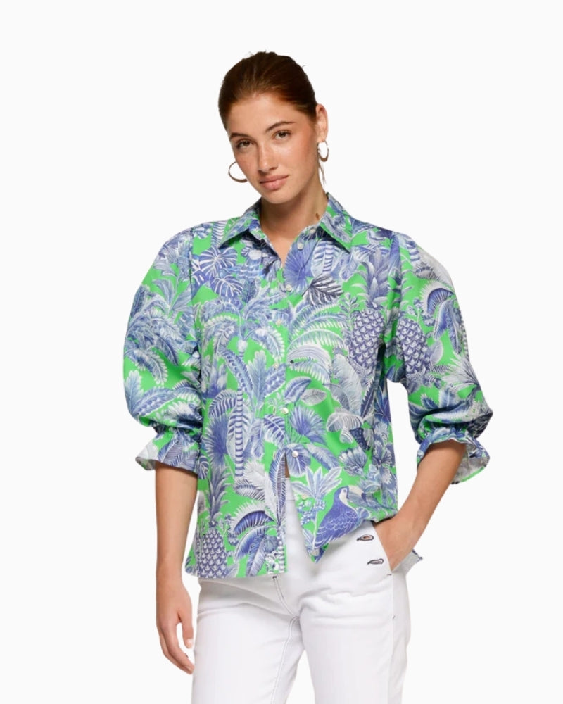 Vilagallo tropical leaf print shirt green and blue front view – Áines Boutique