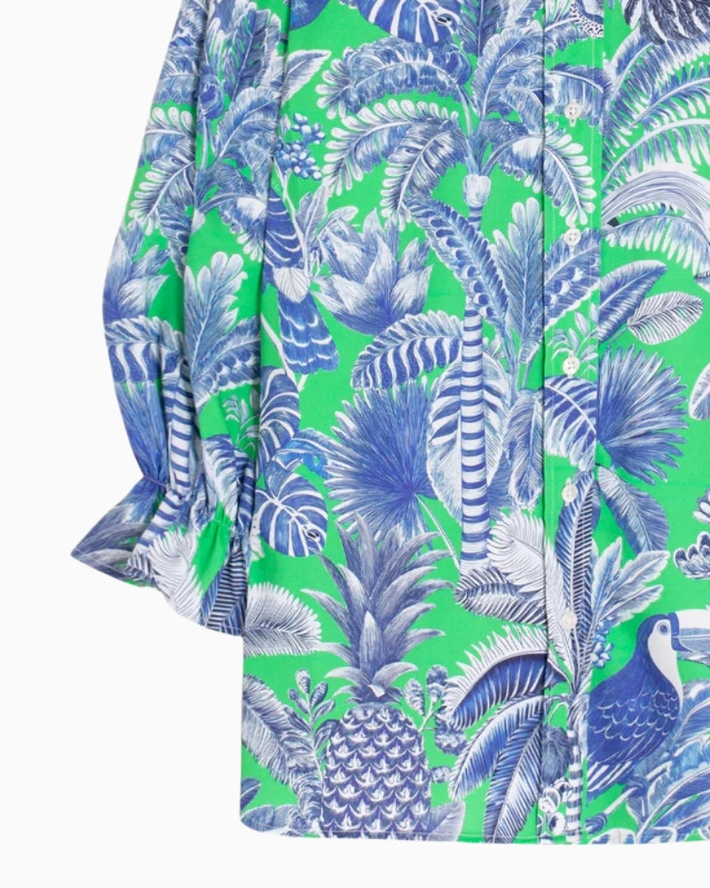 Vilagallo tropical leaf print shirt green and blue close-up detail – Áines Boutique
